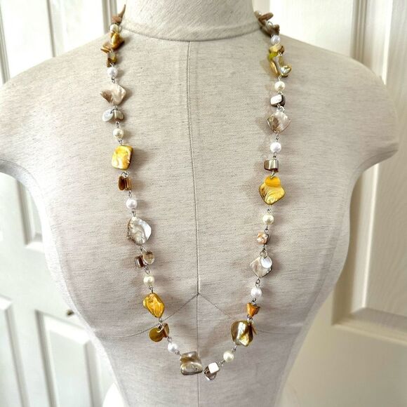 Yellow faux pearl abalone beaded long necklace - Picture 1 of 6